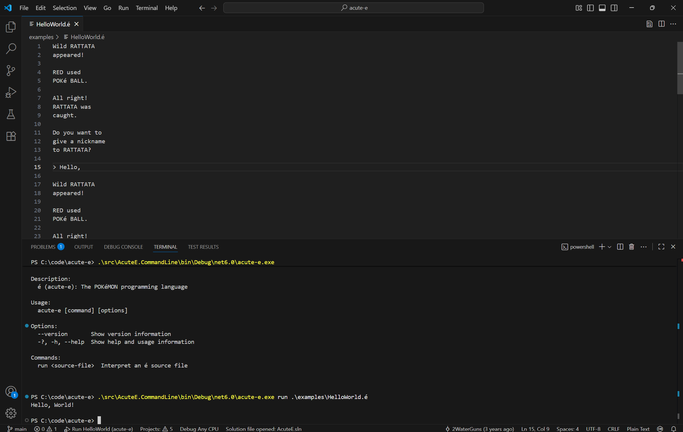 Hello World example for acute-e, as shown in Visual Studio Code with a dark theme.